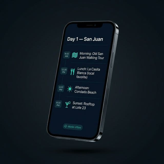Puerto Rico itinerary app screen showing daily schedule